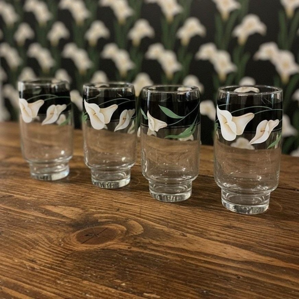 Sango Black Lillies Quadrille Glasses, Set of 4, Vintage Clear Floral Tumblers